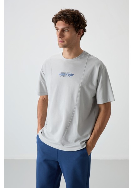 Taş Pamuklu Kalın Yüzeyi Dokulu Oversize Fit Baskılı Erkek T-Shirt - 88372