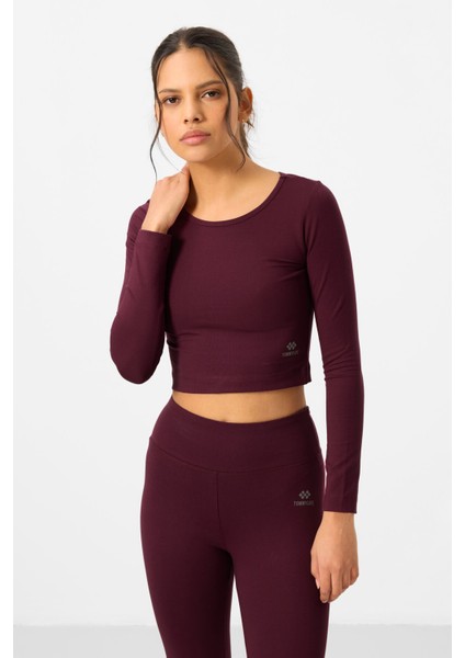 Bordo Yüksek Bel Uzun Kollu Slim Fit Crop Top Kadın Tayt Takım - 95286 indirimleri