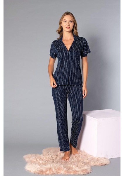 Boydan Düğmeli Kısa Kollu Gömlek Pijama Takımı - Yazlık Puan Desenli Yumuşak Milan Kumaş - Poppy 58-07