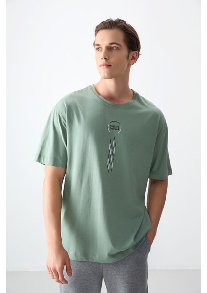 Açık Yeşil %100 Pamuk Kalın Yumuşak Dokulu Oversize Fit Baskılı Erkek T-Shirt - 88355