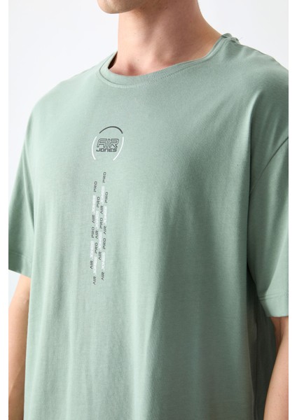 Açık Yeşil %100 Pamuk Kalın Yumuşak Dokulu Oversize Fit Baskılı Erkek T-Shirt - 88355 fiyatları