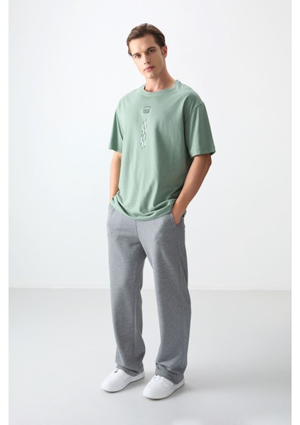 Açık Yeşil %100 Pamuk Kalın Yumuşak Dokulu Oversize Fit Baskılı Erkek T-Shirt - 88355 modelleri