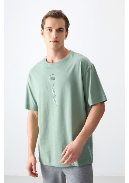 Açık Yeşil %100 Pamuk Kalın Yumuşak Dokulu Oversize Fit Baskılı Erkek T-Shirt - 88355 fırsatları