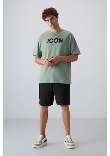 Açık Yeşil Pamuklu Kalın Yumuşak Dokulu Oversize Fit Baskılı Erkek T-Shirt - 88331 fiyatları