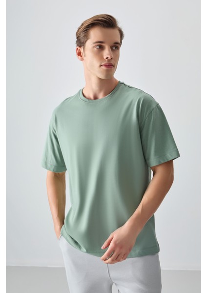 Açık Yeşil %100 Pamuk Kalın Yumuşak Dokulu Oversize Fit Basic Erkek T-Shirt - 88353