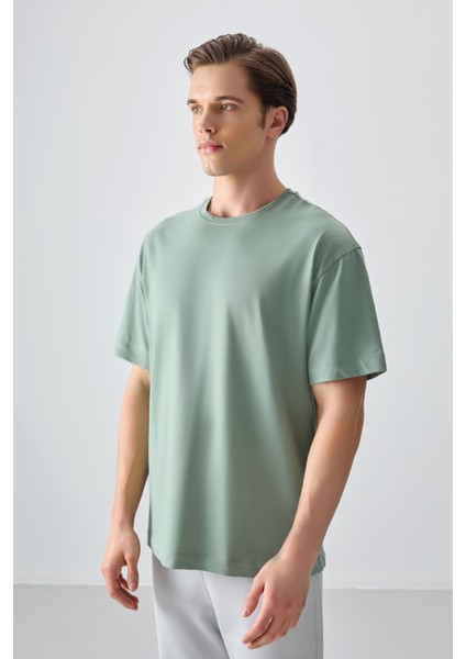 Açık Yeşil %100 Pamuk Kalın Yumuşak Dokulu Oversize Fit Basic Erkek T-Shirt - 88353 modelleri