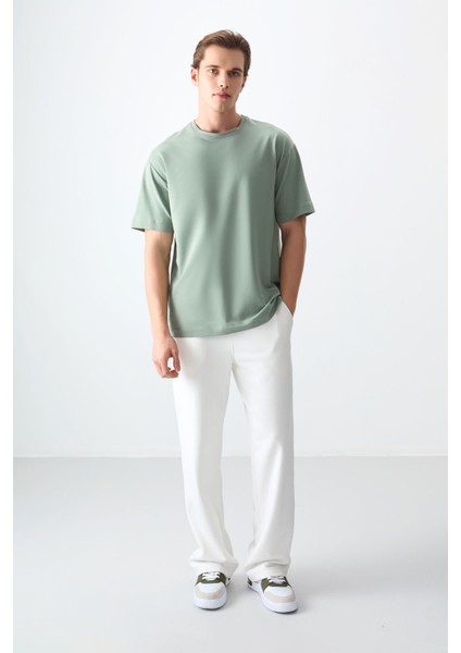 Açık Yeşil Pamuklu Kalın Yumuşak Dokulu Oversize Fit Basic Erkek T-Shirt - 88377 fiyatları