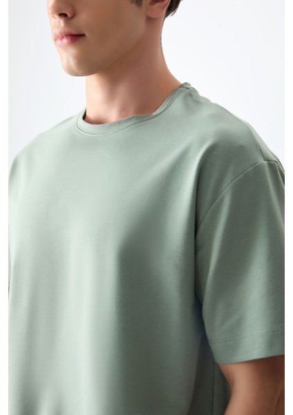 Açık Yeşil Pamuklu Kalın Yumuşak Dokulu Oversize Fit Basic Erkek T-Shirt - 88377 modelleri