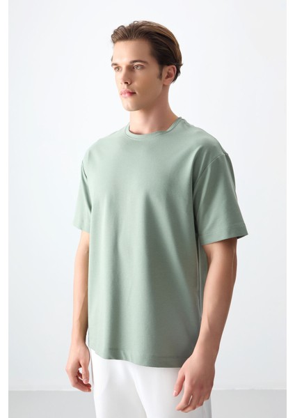 Açık Yeşil Pamuklu Kalın Yumuşak Dokulu Oversize Fit Basic Erkek T-Shirt - 88377 indirimleri