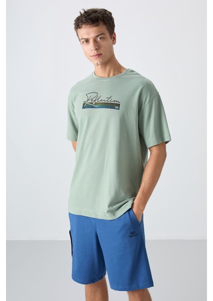 Açık Yeşil Pamuklu Kalın Yumuşak Dokulu Oversize Fit Baskılı Erkek T-Shirt - 88334