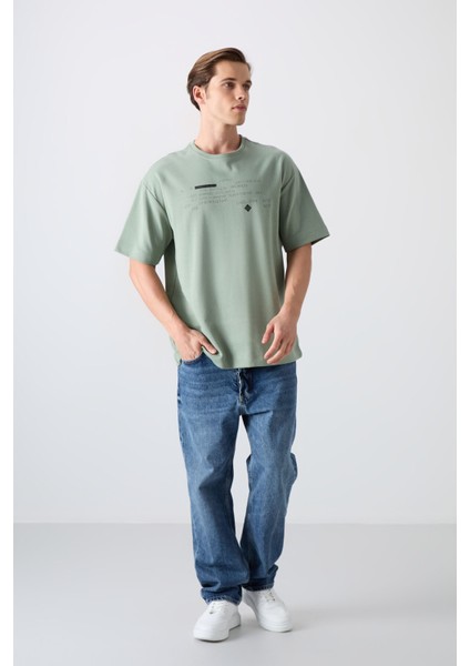 Açık Yeşil Pamuk Kalın Yumuşak Dokulu Oversize Fit Baskılı Erkek T-Shirt - 88326 fiyatları