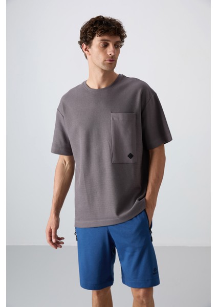 Koyu Gri Pamuklu Kalın Yüzeyi Dokulu Oversize Fit Basic Erkek T-Shirt - 88341
