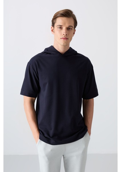 Lacivert Pamuklu Kalın Yumuşak Dokulu Oversize Fit Basic Erkek T-Shirt - 88352