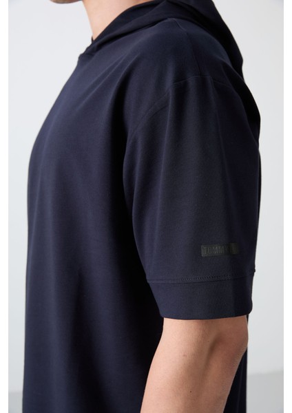 Lacivert Pamuklu Kalın Yumuşak Dokulu Oversize Fit Basic Erkek T-Shirt - 88352 modelleri