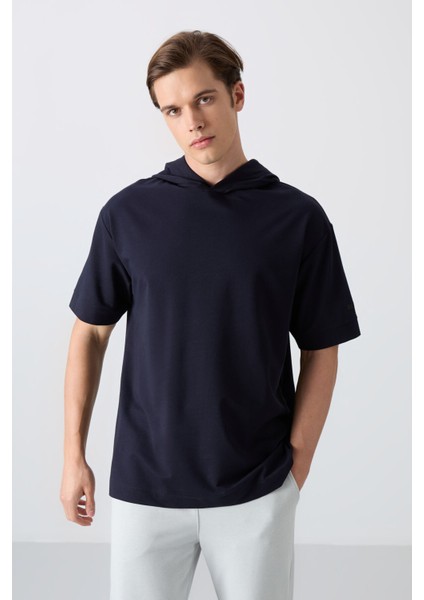 Lacivert Pamuklu Kalın Yumuşak Dokulu Oversize Fit Basic Erkek T-Shirt - 88352 fırsatları