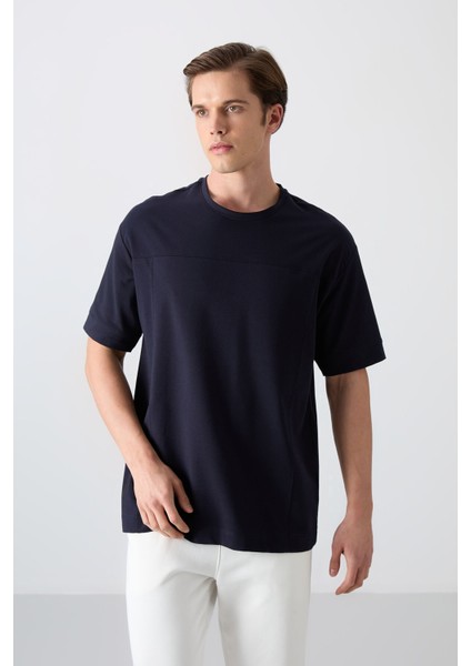 Lacivert Pamuklu Kalın Yumuşak Dokulu Oversize Fit Basic Erkek T-Shirt - 88349