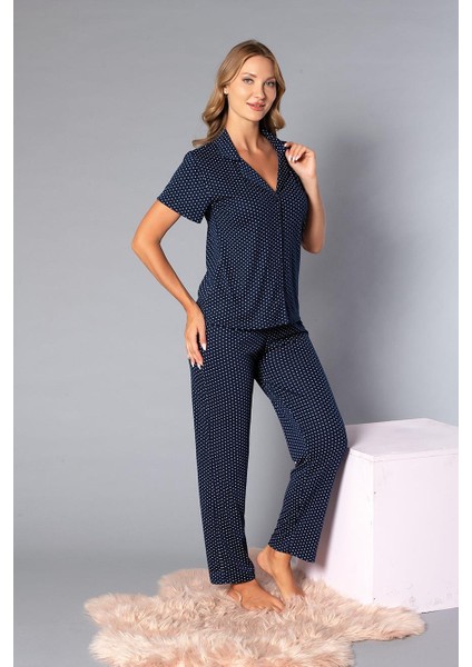Boydan Düğmeli Kısa Kollu Gömlek Pijama Takımı - Yazlık Puan Desenli Yumuşak Milan Kumaş - Poppy 58-07 fiyatları