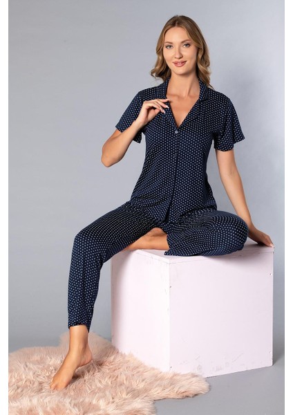 Boydan Düğmeli Kısa Kollu Gömlek Pijama Takımı - Yazlık Puan Desenli Yumuşak Milan Kumaş - Poppy 58-07 modelleri