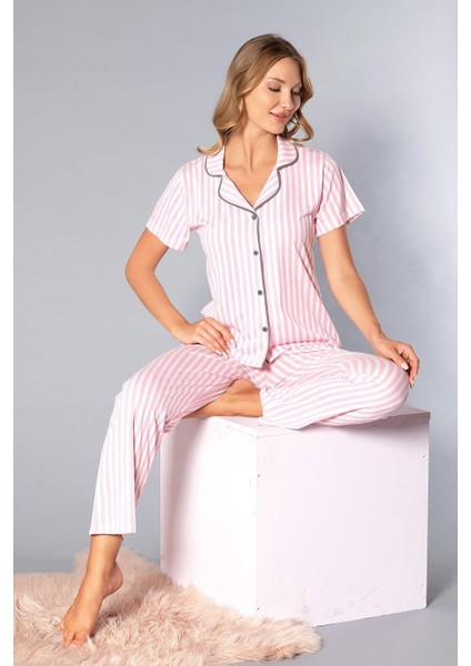Boydan Düğmeli Kısa Kollu Gömlek Pijama Takımı - Yazlık Çizgi Desenli Yumuşak Milan Kumaş - Poppy 58-05