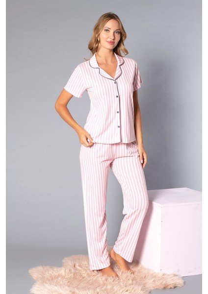 Boydan Düğmeli Kısa Kollu Gömlek Pijama Takımı - Yazlık Çizgi Desenli Yumuşak Milan Kumaş - Poppy 58-05 fiyatları