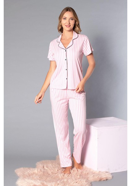 Boydan Düğmeli Kısa Kollu Gömlek Pijama Takımı - Yazlık Çizgi Desenli Yumuşak Milan Kumaş - Poppy 58-05 modelleri