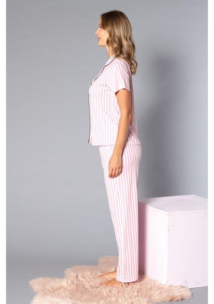 Boydan Düğmeli Kısa Kollu Gömlek Pijama Takımı - Yazlık Çizgi Desenli Yumuşak Milan Kumaş - Poppy 58-05 fırsatları