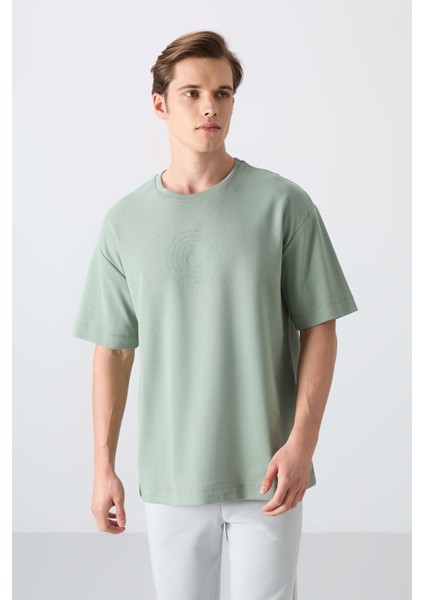 Açık Yeşil Pamuklu Kalın Yumuşak Dokulu Oversize Fit Baskılı Erkek T-Shirt - 88324
