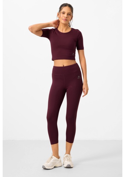 Bordo Yüksek Bel Kapri-Crop T-Shirt Slim Fit Kadın Tayt Takım - 95285