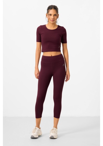 Bordo Yüksek Bel Kapri-Crop T-Shirt Slim Fit Kadın Tayt Takım - 95285 modelleri
