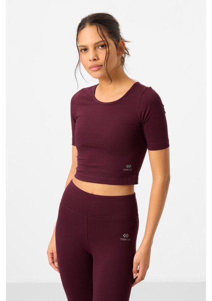 Bordo Yüksek Bel Kapri-Crop T-Shirt Slim Fit Kadın Tayt Takım - 95285 indirimleri