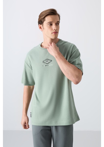 Açık Yeşil Pamuklu Kalın Yumuşak Dokulu Oversize Fit Baskılı Erkek T-Shirt - 88325