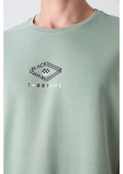 Açık Yeşil Pamuklu Kalın Yumuşak Dokulu Oversize Fit Baskılı Erkek T-Shirt - 88325 modelleri