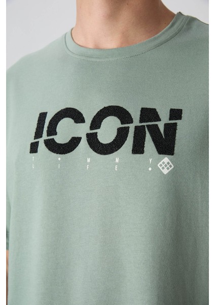 Açık Yeşil Pamuklu Kalın Yumuşak Dokulu Oversize Fit Baskılı Erkek T-Shirt - 88331 modelleri