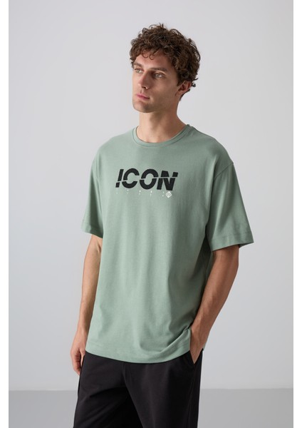Açık Yeşil Pamuklu Kalın Yumuşak Dokulu Oversize Fit Baskılı Erkek T-Shirt - 88331 fırsatları