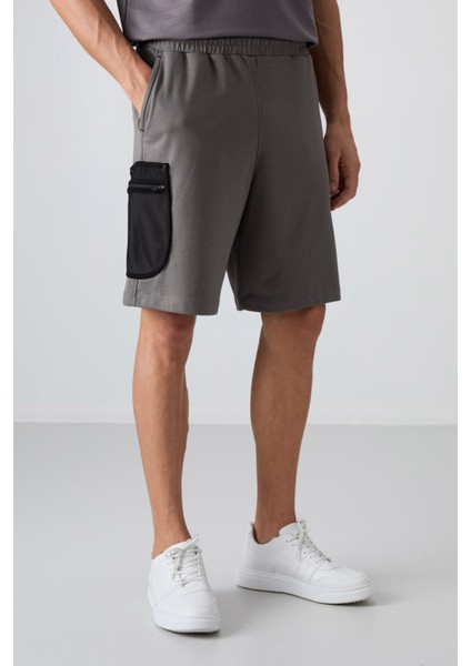 Koyu Gri Pamuklu Kalın Yumuşak Dokulu Comfort Fit Baskılı Erkek Şort - 81266