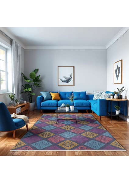 Geometrik Mor Pamuk Dikdörtgen Modern Desenli Pamuk Makinada Yıkanabilir Hav Toz Vermez Leke Tutmayan Kaymaz Taban Dijital Makine Baskı Salon Yolluk Mutfak Halı fırsatları