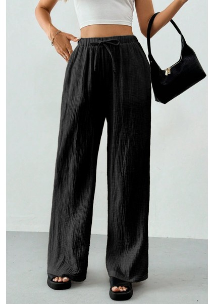Kadın %100 Cotton Müslin Ultra Hafif Palazzo Model Geniş Paça Keten Karışım Pantolon