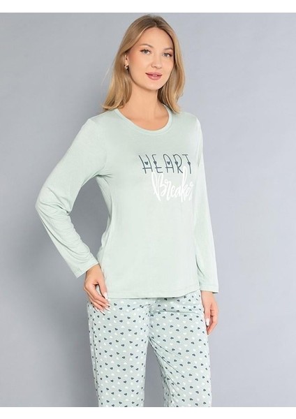 Uzun Kollu Bisiklet Yaka Pijama Takımı - Yazlık Kalp Desenli Yumuşak Milan Kumaş - Poppy 59-01 (M, L, Xl, Xxl)