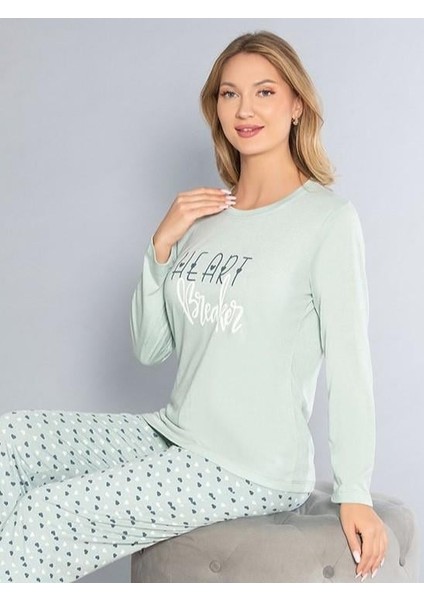 Uzun Kollu Bisiklet Yaka Pijama Takımı - Yazlık Kalp Desenli Yumuşak Milan Kumaş - Poppy 59-01 (M, L, Xl, Xxl) fiyatları