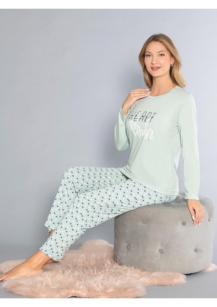 Uzun Kollu Bisiklet Yaka Pijama Takımı - Yazlık Kalp Desenli Yumuşak Milan Kumaş - Poppy 59-01 (M, L, Xl, Xxl) modelleri