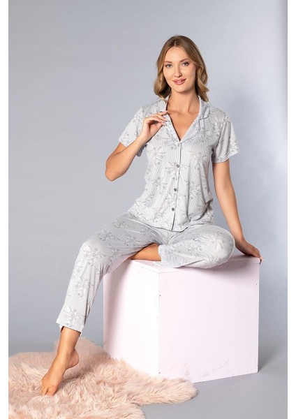 Boydan Düğmeli Kısa Kollu Gömlek Pijama Takımı - Yazlık Çiçek Desenli Yumuşak Milan Kumaş - Poppy 58-03