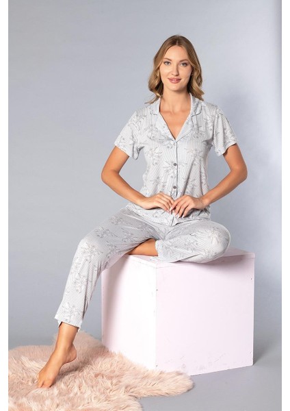 Boydan Düğmeli Kısa Kollu Gömlek Pijama Takımı - Yazlık Çiçek Desenli Yumuşak Milan Kumaş - Poppy 58-03 fiyatları