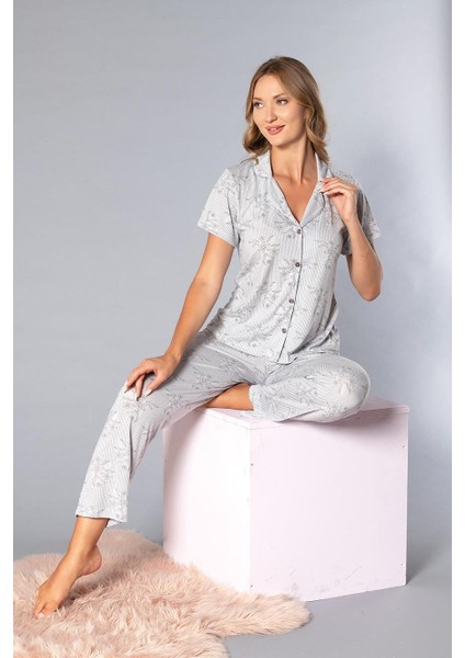 Boydan Düğmeli Kısa Kollu Gömlek Pijama Takımı - Yazlık Çiçek Desenli Yumuşak Milan Kumaş - Poppy 58-03 modelleri