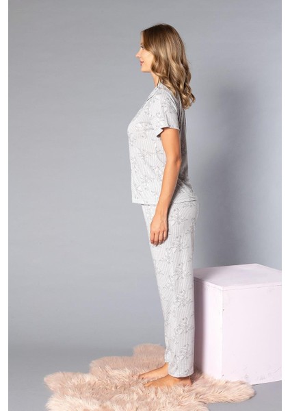 Boydan Düğmeli Kısa Kollu Gömlek Pijama Takımı - Yazlık Çiçek Desenli Yumuşak Milan Kumaş - Poppy 58-03 indirimleri