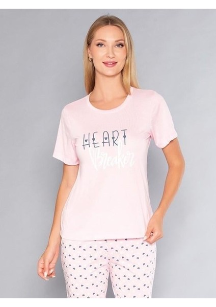 Kısa Kollu Bisiklet Yaka Pijama Takımı - Yazlık Kalp Desenli Yumuşak Milan Kumaş - Poppy 58-02