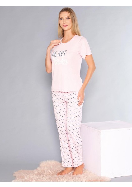 Kısa Kollu Bisiklet Yaka Pijama Takımı - Yazlık Kalp Desenli Yumuşak Milan Kumaş - Poppy 58-02 fiyatları