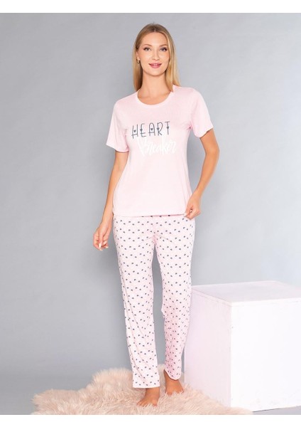 Kısa Kollu Bisiklet Yaka Pijama Takımı - Yazlık Kalp Desenli Yumuşak Milan Kumaş - Poppy 58-02 fırsatları
