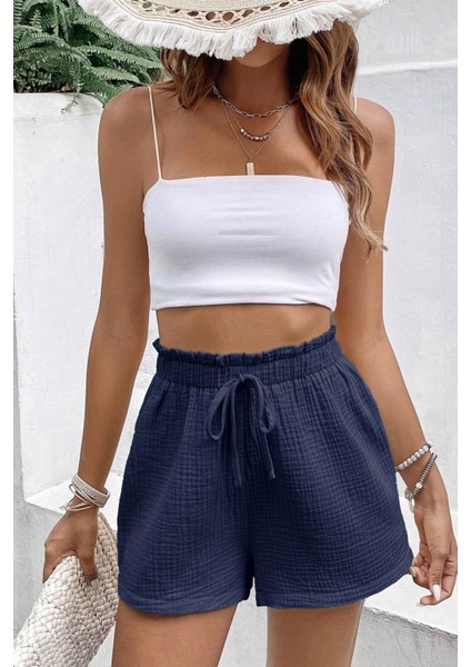 Kadın Cotton Müslin Tatil Ev Içi/dışı Kullanım Cepsiz Beli Bağcıklı Şort