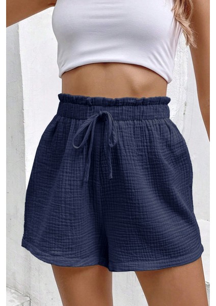 Kadın Cotton Müslin Tatil Ev Içi/dışı Kullanım Cepsiz Beli Bağcıklı Şort modelleri
