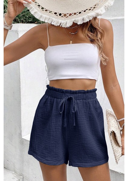 Kadın Cotton Müslin Tatil Ev Içi/dışı Kullanım Cepsiz Beli Bağcıklı Şort indirimleri